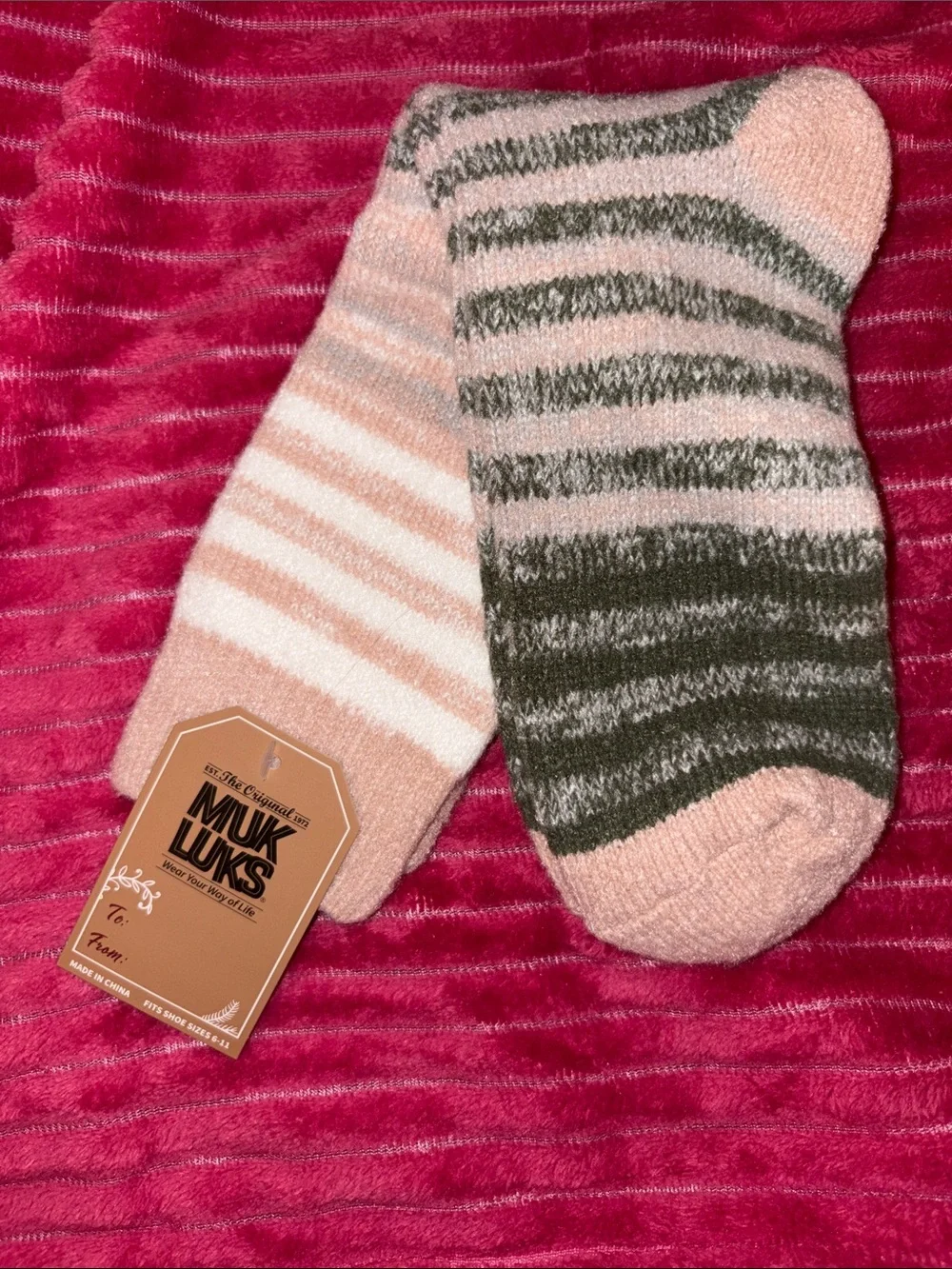 Muk Luks Pink & Olive Striped Cozy Crew Socks Size 6-11